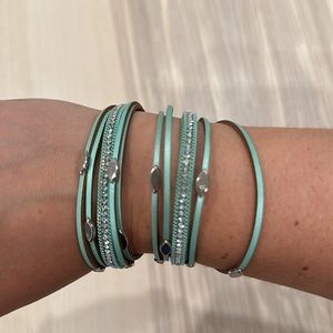 Sea foam blue-green leather bracelet with silver and crystal accents